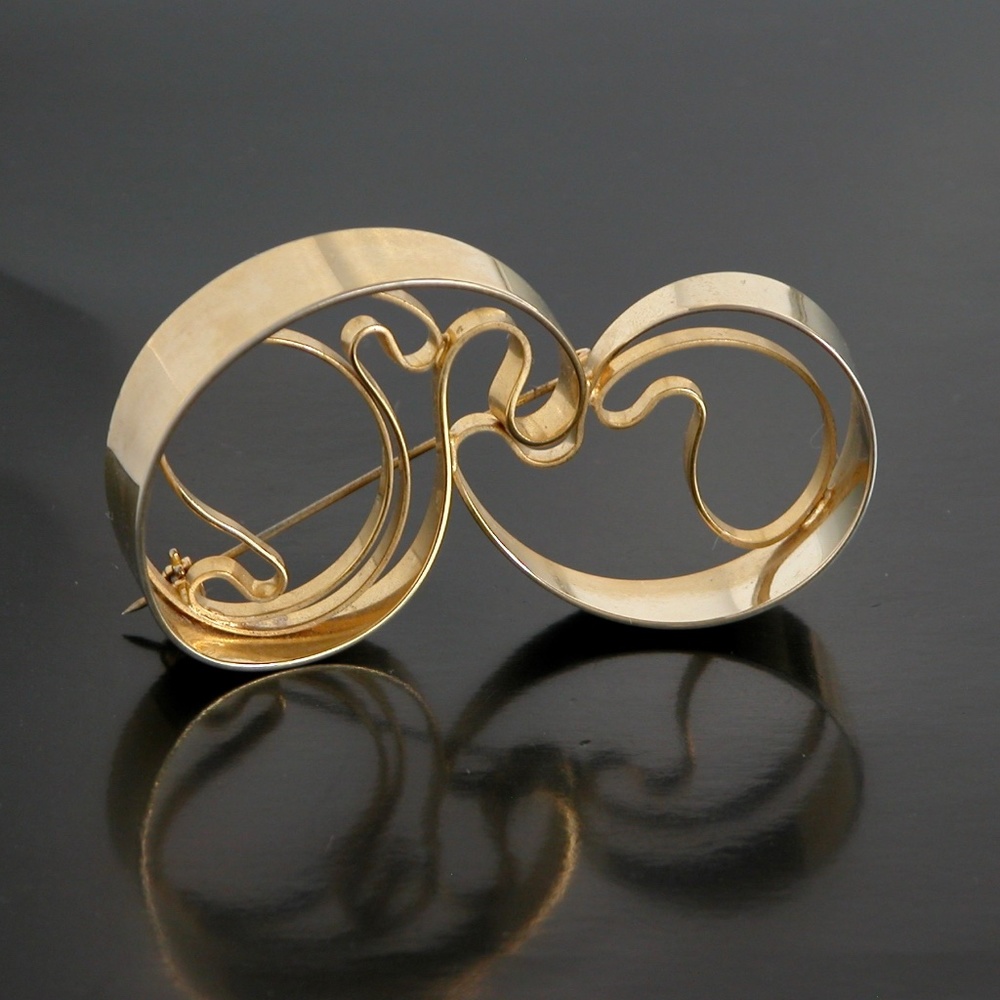 Retro Modernist Artsy Gold Tone Pin Brooch Space Age Spiral